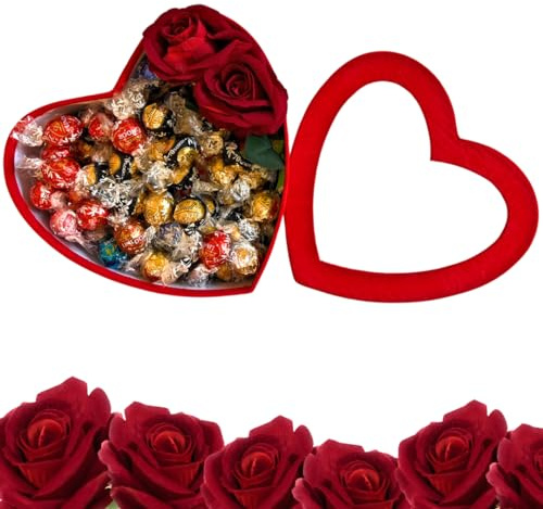 Idee Regalo Festa Della Mamma 2024 - Cuore Scatola di Velluto +1 Kg di Praline Assortite + Rose Rosse Di Velluto
