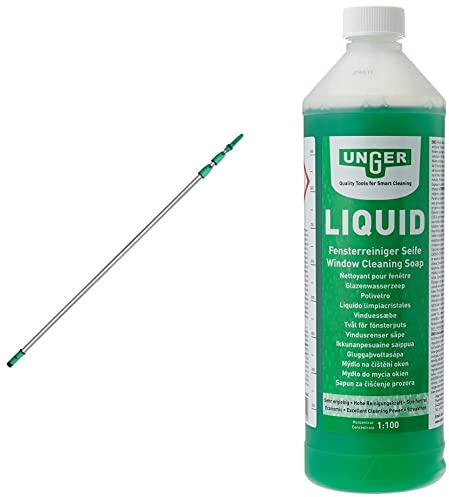 Unger ED450 OptiLoc Telescopic Window Cleaning Pole/Multi-Use Extension Pole & FR100 Window Cleaning Liquid Soap - Smear Free Window Glass Cleaner 1L