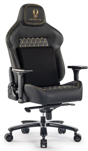 Fantasylab Gaming Stuhl 200KG Belastbarkeit Bürostuhl 200KG Verstellbare Armlehne 4D Gamer Stuhl mit Lendenwirbelstütze Chefsessel Ergonomischer Schreibtischstuhl Gaming Chair Schwarz/Golden