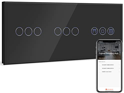 BSEED Double Zigbee Interrupteur avec Interrupteur Volet Roulant,3 Gang 1 Voie Interrupteur Connecté Blanc,Compatible avec Alexa/Google Home,Contrôle Vocal et Fonction de Temps(NÉCESSITE TUYA HUB)