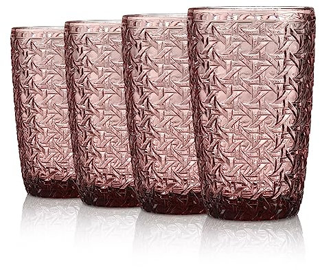 Joeyan Rosa Bicchieri Acqua Vetro,Impilabile Colorati Long Drink Tumbler Highball Vetro per Succhi Bevande Cocktail caffè,380 ml,Set da 4 Pezzi,Lavabile in Lavastoviglie