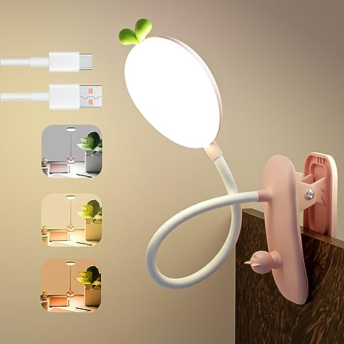 ACMHNC Klemmleuchte Kinder Bett, LED Dimmbar Leselampe Buch Klemme USB Aufladbar Kinderzimmer Schreibtischlampe Mit Flexiblem Schwanenhals, 2400Mah Touch Buchlampe, Einstellbare Helligkeit,Rosa