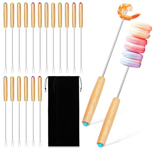 Lot de 18 fourchettes à fondue en acier inoxydable avec manche en bois - Couverts à fondue en acier inoxydable - Longueur : 24 cm