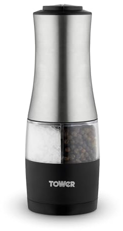 Tower T832248 Dual Electric Salt & Pepper Mill, Battery Operated with Adjustable Ceramic Grinders, Stainless Steel, Black