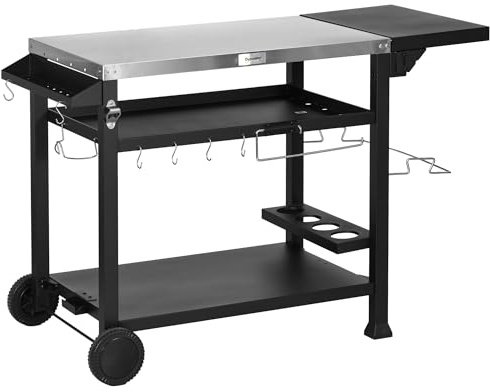 Outsunny Carrello per Barbecue con Tavolino Pieghevole, Carrello Cucina da Esterno in Acciaio Inox, 2 Ruote e Accessori, 125x65x84 cm, Nero
