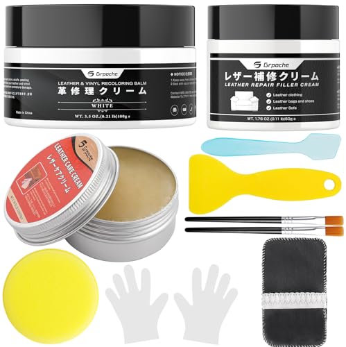 Grpoche Leather Repair Kit, White Leather Care for Leather Couch, Leather Repair Cream for Scratches, Faded Areas, Wear, Leather Paint for Sofas, Cars