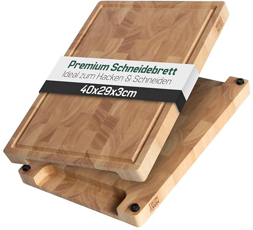 MAKUMORI Premium Stirnholz Schneidebrett Massivholz 40x29x3cm Hevea Natur | Küchenbrett aus Heveaholz naturbelassen; FSC®; End Grain; tiefe Saftrinne; extra große Griffmulden; rutschfeste Gummifüße