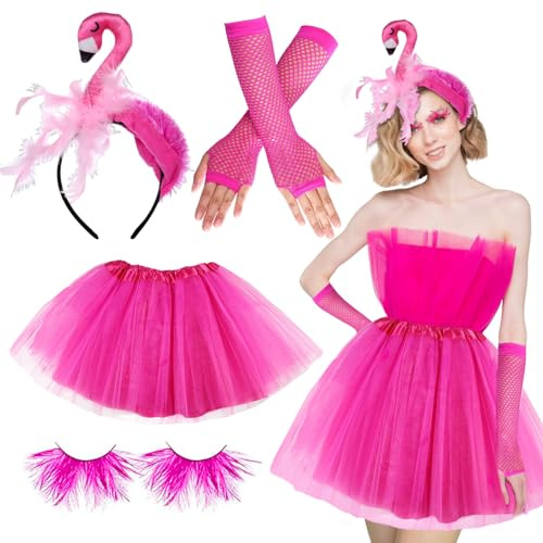 SANLIUSANJIU Damen Flamingo Kostüm, (Rot Tüllrock Tutu Kurzer Rock mit Rot Feder Künstliche Wimpern, Flamingo Haarreif, Rot Handschuhe), für Fasching Karneval Mottoparty Sommer Party Hawaii Kostüm