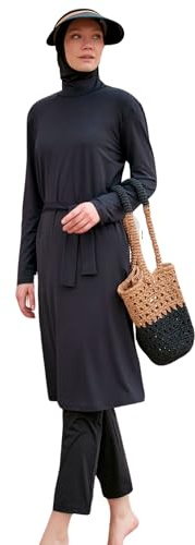 Islamic Patterned Modest Full Length Swimsuit for Women | 4 Piece Muslim Burkini Set (Top, Trousers, Hood, Bustier) | Long Sleeve Rash Guard with Full Coverage