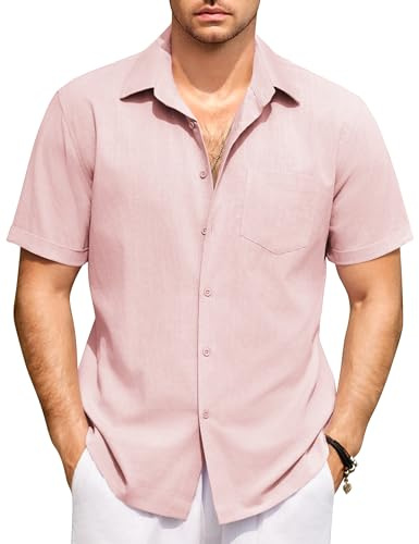 COOFANDY Chemisette pour Homme Chemise Été pour la Plage Chemise Manches Courtes Chemise Lin Chemise Coton Chemises de Travail Boutonnées Rose XL