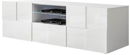 AltoBuy Rebecca - Meuble TV 181 cm Finition Blanc Laqué Weiss Relief Damiers et LEDs
