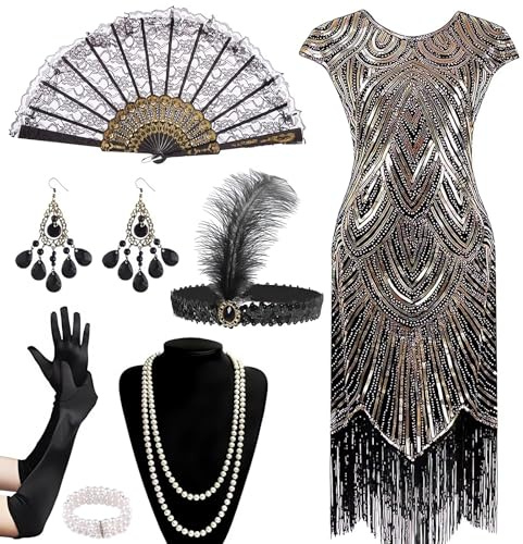 HBWHNIU Abito Charleston da donna, anni '20, abito anni '20, con paillettes e frange, abito vintage Flapper, con set di accessori, costumi anni '20, da donna, per carnevale, cocktail (B, XL)
