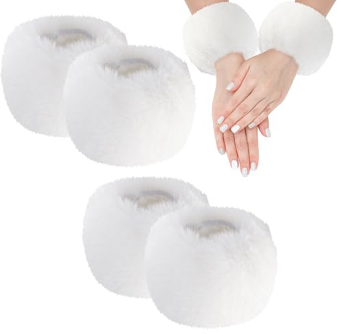 UILYNIU 2 Paar weiße Kunstfell-Handgelenkstulpen, Winterfell, Handgelenkstulpen, Ringmanschetten, weiche Winter-Armstulpen für Damen, flauschige Armstulpen, Einheitsgröße