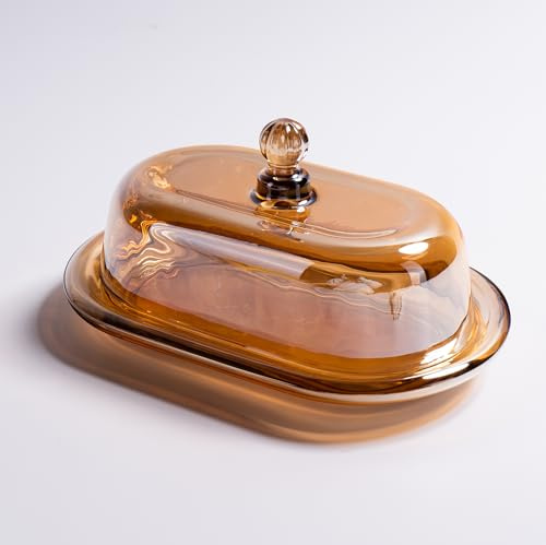 7.5 Glass Butter Dish with Lid for Countertop, Elegant Champagne-Colored Crystal Butter Stick Holder Container