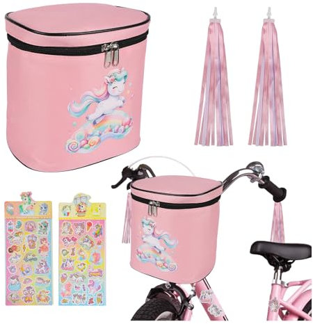 Cesta de bicicleta para niños – Bolsa para manillar infantil, cesta delantera para bicicleta infantil, bolsa para manillar con cintas y pegatinas, ideal para bicicleta y muñecas, asiento de bicicleta