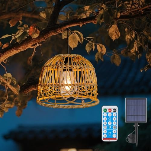 WRQIOO Solar Hängelampe Rattan, Solarlaterne für Außen, Solarlampen für Außen Hängend, IP65 Wasserdichte Rattan Hängeleuchte Außen mit Fernbedienung, Dimmbar Solar Hängeleuchte Boho
