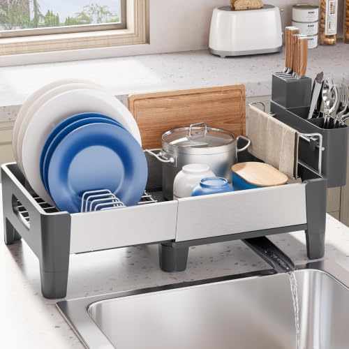 Urackify Abtropfgestell, Grau | Erweiterbar, Edelstahl mit Aluminiumrahmen, Platzsparender Dish Rack mit Utensilienhalter