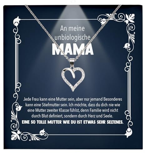 22Feels Stiefmama Geschenk Frauen Muttertag Schmuck Bonus Mama - Silber 925/000 Herz Halskette Damen - Stiefmutter Geburtstag Weihnachten Patchwork Familie - Karte Premium LED Licht Etui