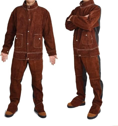 PZOFERLIN Delantal de soldador de cuero Conjunto de chaqueta y pantalón de soldador de piel de vaca con espalda vaquera, multicolor, en varias tallas.(Brown,3XL)