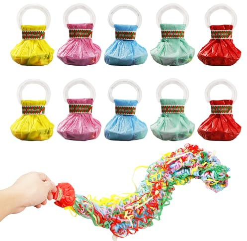 10 Stück Handwurf-Luftschlangen, bunte Handwurf-Krepppapier-Luftschlangen, Luftschlangen zum Werfen, jeder bunte Luftschlangen hat 30 Bänder, kein Chaos Konfetti für Geburtstag, Hochzeit, Party