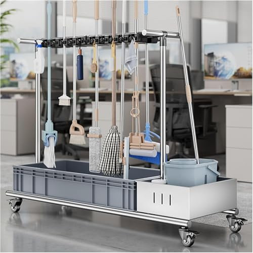 Mobile Mop and Broom Holder Cleaning Supplies Carts on Wheels Mop Bucket Garden Tool Organizer Broom Closet Storage Cabinet Mop Drain Rack Umbrella Stand for Home Garage Hospitals
