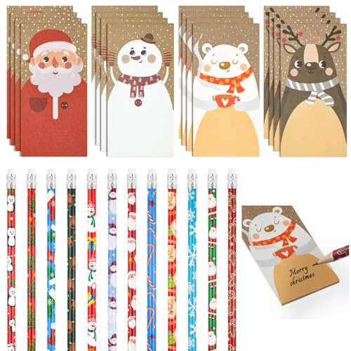 Tenare 24 Stück Weihnachtsbleistifte und Weihnachten Haftnotizen Set enthält 12 Weihnachtsmann Schneemann Stifte mit Radiergummi und 12 Weihnachtliche Klebezettel Rentier Geschenke für Kinder