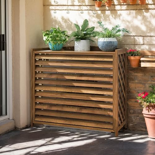 SeraphicCharm Abdeckung Klimaanlage Außengerät Sichtschutzzaun Holz Klimaanlage Abdeckung Balkont Pflanzenregal Wetterfest Verkleidung Schutzgitter Für Klimaanlagen Und Wärmepumpe(100x44x93cm)