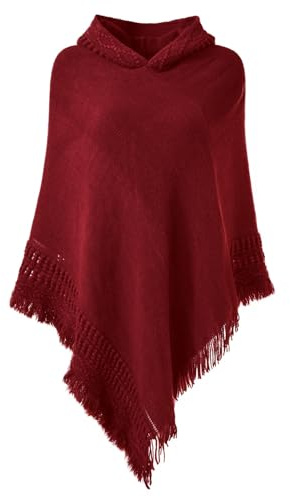 Ferand Women's Witchy Hooded Knit Poncho with Fringe, Burgundy | Witch Cape, Gothic Cloak with Crochet Details for Fall Halloween Boho Style