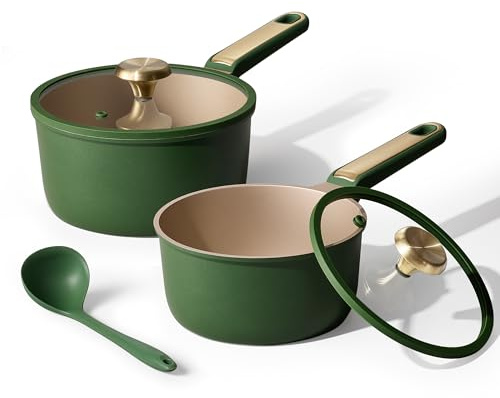 CAROTE 2QT & 2.5QT Sauce Pan Sets with Lid & Ladle Cooking Pots Nonstick Saucepans Cookware Set Small Kitchen Pot, Induction Comptable, Easy to Clean, PFOA FREE (Green)