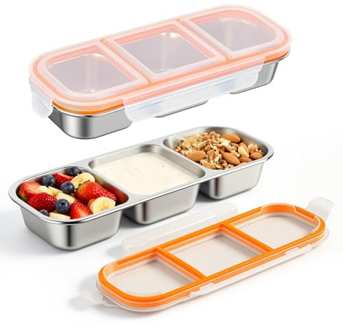 Snackbox,2 Stück Edelstahl Snack-Behälter mit Fächern und Transparent Kunststoff-Deckel, Stapelbar Edelstahl Lebensmittel Lagerung Brotzeit Behälter,Tragbare Snack-Platten für Schule Arbeit Camping