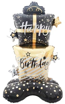 LUMOOM Folienballon Happy Birthday XXL, Geburtstag Stehend Luftballons, Geburtstagsballons mit Kuchenform, Wiederverwendbar Ballons für Mädchen und Jungen (Schwarzes Goldgeschenk)