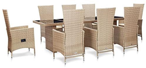 QJBSAVVA 9-TLG. Garten-Essgruppe 240x90 cm Poly-Rattan Beige, verstellbare Rückenlehne, Tisch mit Glasplatte, Outdoor Gartenmöbel-Sets Balkon Terrasse Camping für 8 Personen