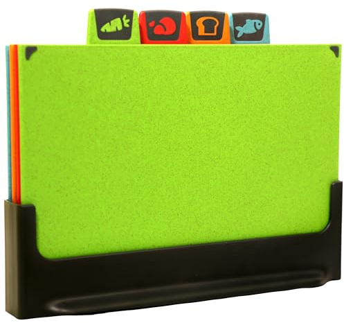 Chopping Boards Set with Stand (UK Company) – 4 Pcs Colour Coded Cutting Boards for Kitchens, Non-Slip Reversible BPA-Free Wheat Straw Plastic, Dishwasher Safe