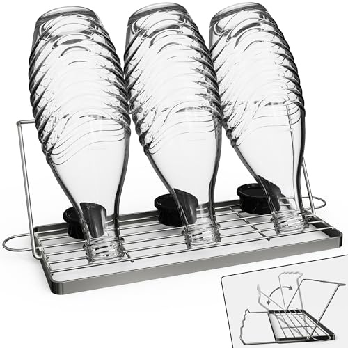 COMOGOGO Flaschenhalter für sodastream aus Edelstahl, Faltbar Flaschenständer zum Abtropfen Deckel, Flaschenabtropfgestell Spülmaschinenfest, Kuchen Organizer mit Abnehmbares Tablett