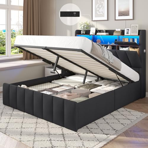 DICTAC Bett 160x200 mit LED Beleuchtung & Bettkasten– Boxspringbett 160x200 mit Stauraum und Lattenrost – Polsterbett 160x200cm mit integrierter Ladestation & mühelosem Anheben – dunkelgraues Leinen