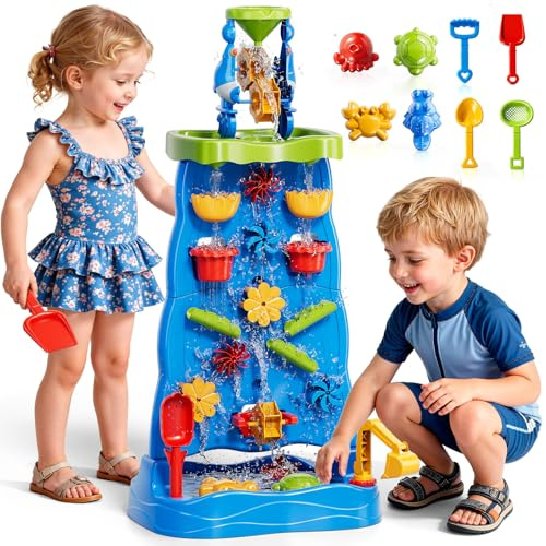 Ci Vetch Wasserfall Sand- und Wasser-Spieltisch für Kinder Outdoor Sommer | Inklusive komplettes Strandspielzeug-Set, stabiler Tisch, platzsparend, ideal für Garten, Terrasse und Sommeraktivitäten