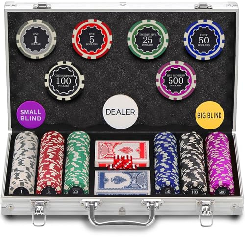 300 Chips Professional Poker Chip Set with Aluminum Case, 11.5 Gram Composite Clay Chips, 2 Decks of Cards, 5 Dice & Dealer Button - Perfect for Texas Holdem, Blackjack, Casino Night (300 pcs)