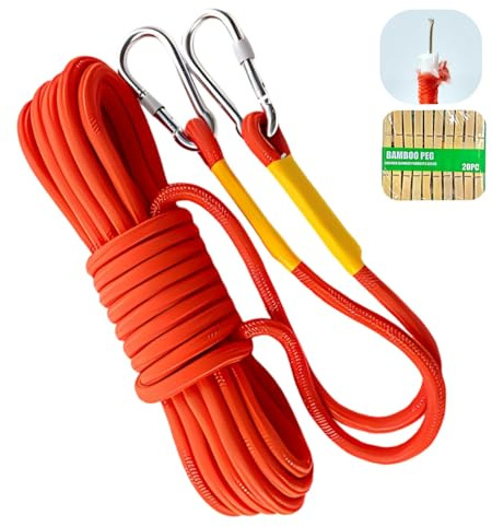Eastyupin WäScheleine Durchmesser8mm 20 Meter Lang,Gilt FüRim Freien Innenhof Camping Usziehbare Reise Mit Stahlkern WäScheleine ，EnthäLt 20 WäScheklammern，Orangero