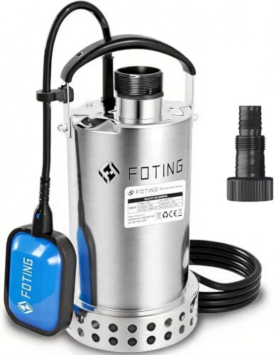 FOTING Pompa sommersa in acciaio inox, 900 W, 13.000 l/h, portata fino a 9 m, profondità di immersione fino a 7 m, con interruttore a galleggiante, per piscina, cantina e drenaggio