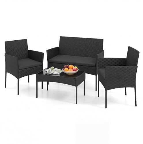 Salotto da Giardino Esterno 4 Pezzi, Set da Esterno in Rattan con Tavolino con Piano in Vetro, Divano 2 Posti e 2 Poltrone, Set da Conversazione con Cuscini per Patio, Balcone e Terrazzo (Nero)