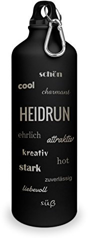 Trinkflasche mit Namen Heidrun - graviert mit Positive Eigenschaften, Aluminiumflasche mit Gravur, Sportflasche - matt schwarz