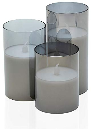 Pauleen 48026 Classy Smokey Candle Wachskerze 3er Set Echtwachs, Warmweiß, flackernde Flamme, Glas Anthrazit/Weiß Kunststoff/Spiegel