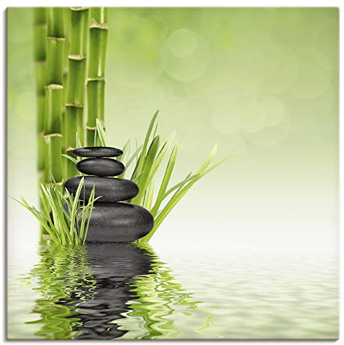 ARTLAND Wanddeko Leinwand Bilder Wandbild 50x50 cm Asien Zen Wellness Spa Wasser Bambus Steine Grün R2PR