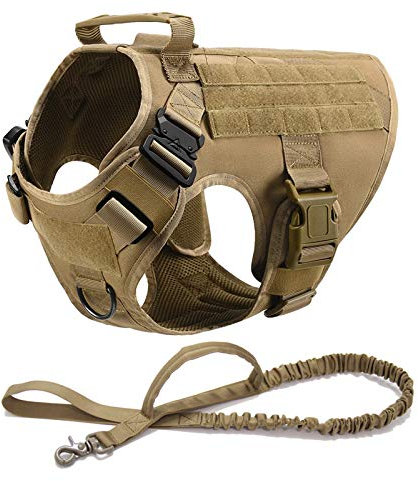 Taktische Hundegeschirr Weste Und Bungee Hundeleine, Kein Zug Mit Griff Front Clip Militärische Trainingsgurt, K9 Arbeitstraining Molle Weste Metallschnallen Für Mittelgroße Große Hunde,Braun,L
