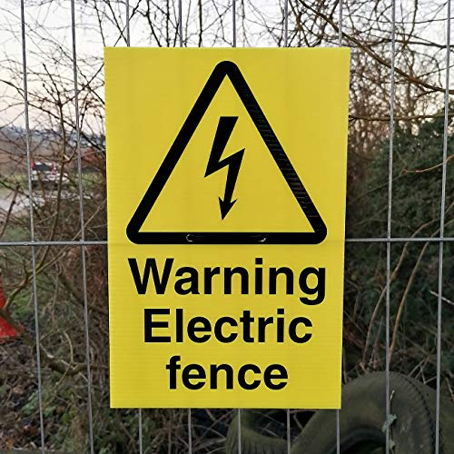 Warning Electric Fence - Security Warning Sign - complete with drill holes and cable tie - 200mm x 300mm fluted plastic (corex) - to make the public aware of potential electrical hazards