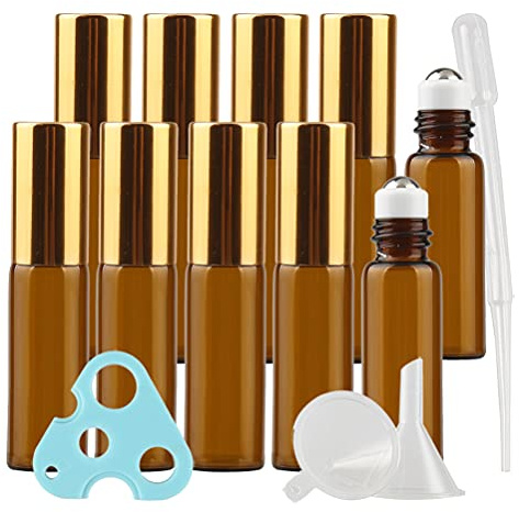 TIANZD 20 Stück Leere 5 ml Braunglas Roller Flaschen mit Gold Schraubverschluss, Bernstein Roll-On Glasflaschen mit Glasroller für Ätherische Öle Essential Oil mit Trichter Öffner Pipetten