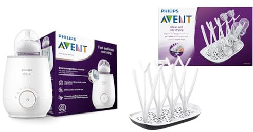 Philips AVENT SCF358/00 Flaschenwärmer für schnelles und gleichmäßiges Erwärmen von Milch & Babynahrung, weiß & SCF149/00 Trockenständer, weiß/blau