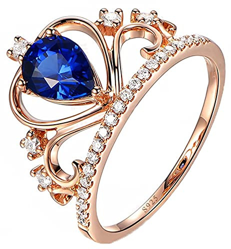 AmDxD Anillo de compromiso para mujer, con corona de corazón, alianzas de plata de ley 925 con circonita azul, con bolsa de regalo, oro rosa, Plata de ley 925, Circonita cúbica.,