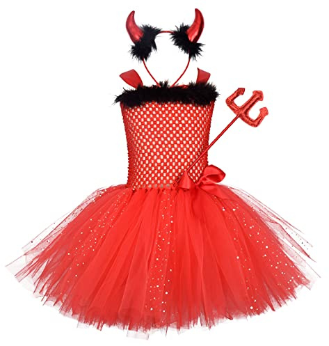 Costume da Diavoletta per Bambini Ragazze Principessa Abito Tutù in Tulle Fascia per Orecchio Forcone Completi da Festa di Compleanno Halloween Cosplay Carnevale Natale Fotografia Rosso 5-6 Anni