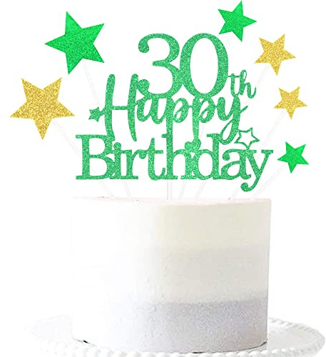 Pargleev Green Gold 30th Birthday Cake Topper with Glittery Stars | 7-piece Green Gold 30th set: 1 glittery 'Happy Birthday' topper + 6 star cupcake toppers; just place on the cake